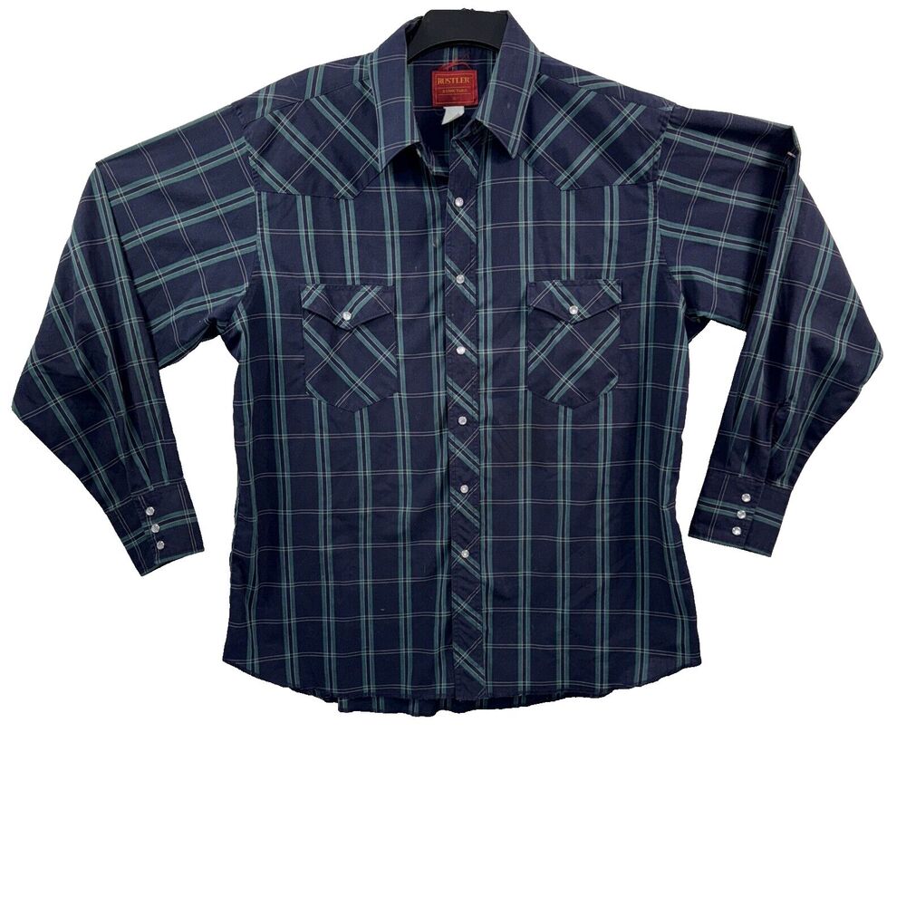 Vtg Rustler Long Sleeve Shirt Pearl Snap Cowboy Mens XL X Long Tail Blue Plaid